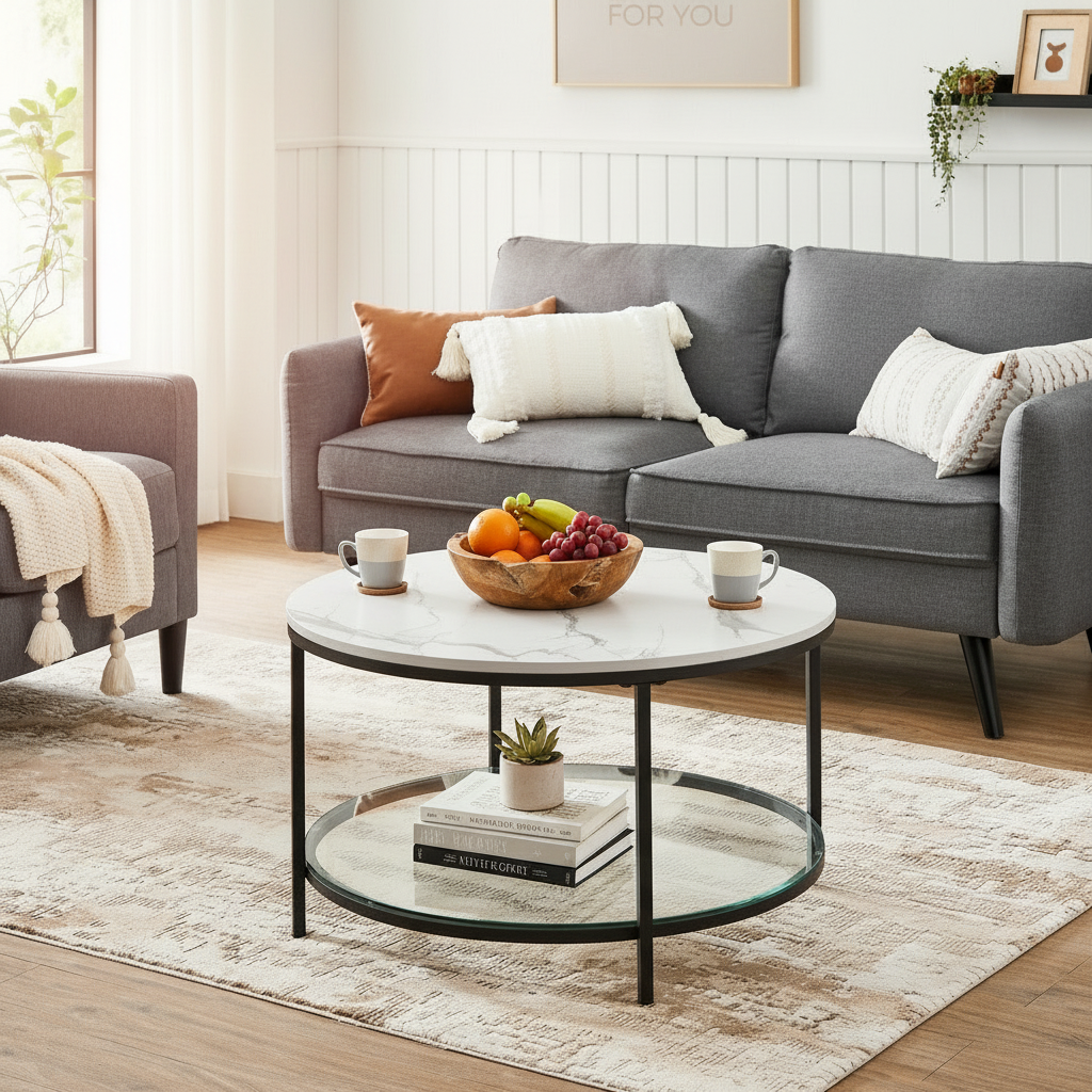 VASAGLE Coffee Table, Living Room Table, Sofa Cocktail Table Faux Marble Round, Tempered Glass Storage Shelf, Easy to Assemble