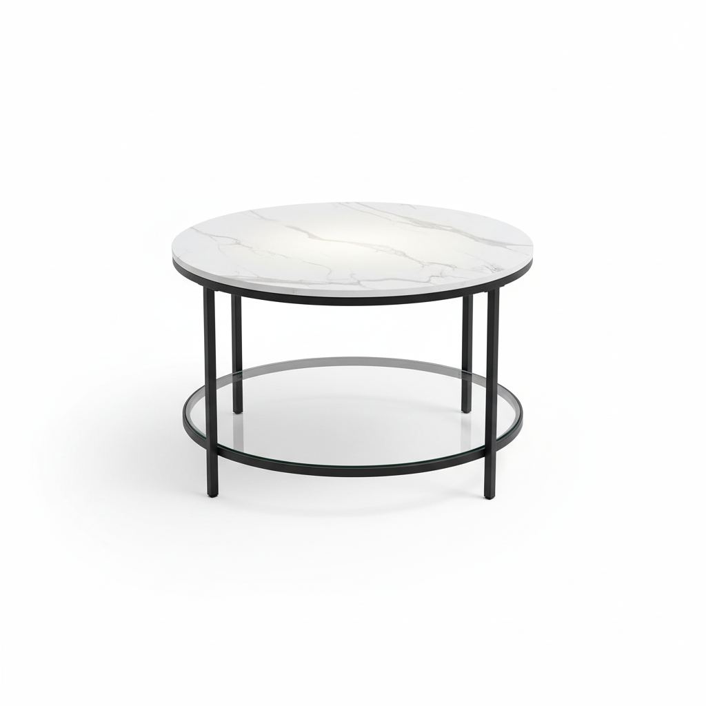 VASAGLE Coffee Table, Living Room Table, Sofa Cocktail Table Faux Marble Round, Tempered Glass Storage Shelf, Easy to Assemble
