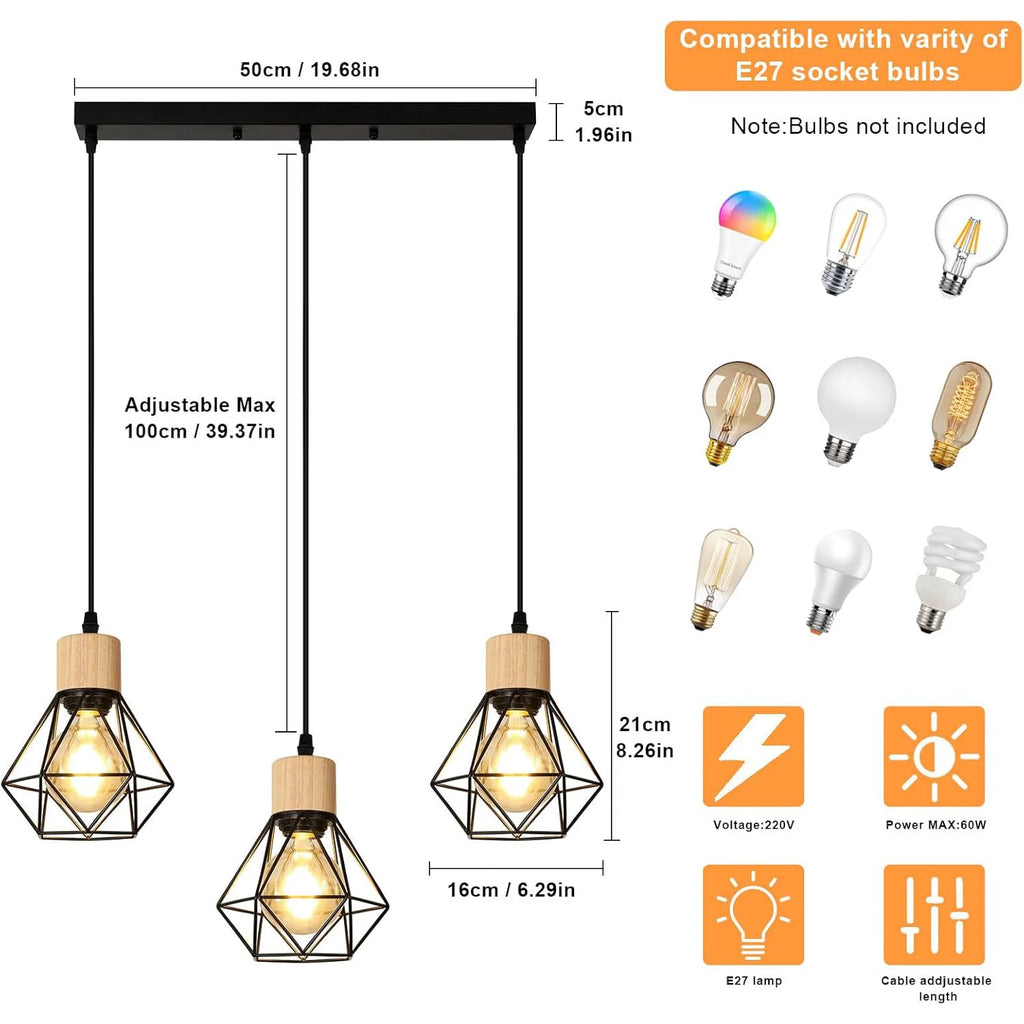 Plafonnier suspendu industriel vintage à 3 voies avec cage en fil métallique rectangulaire et câble suspendu pour couloir