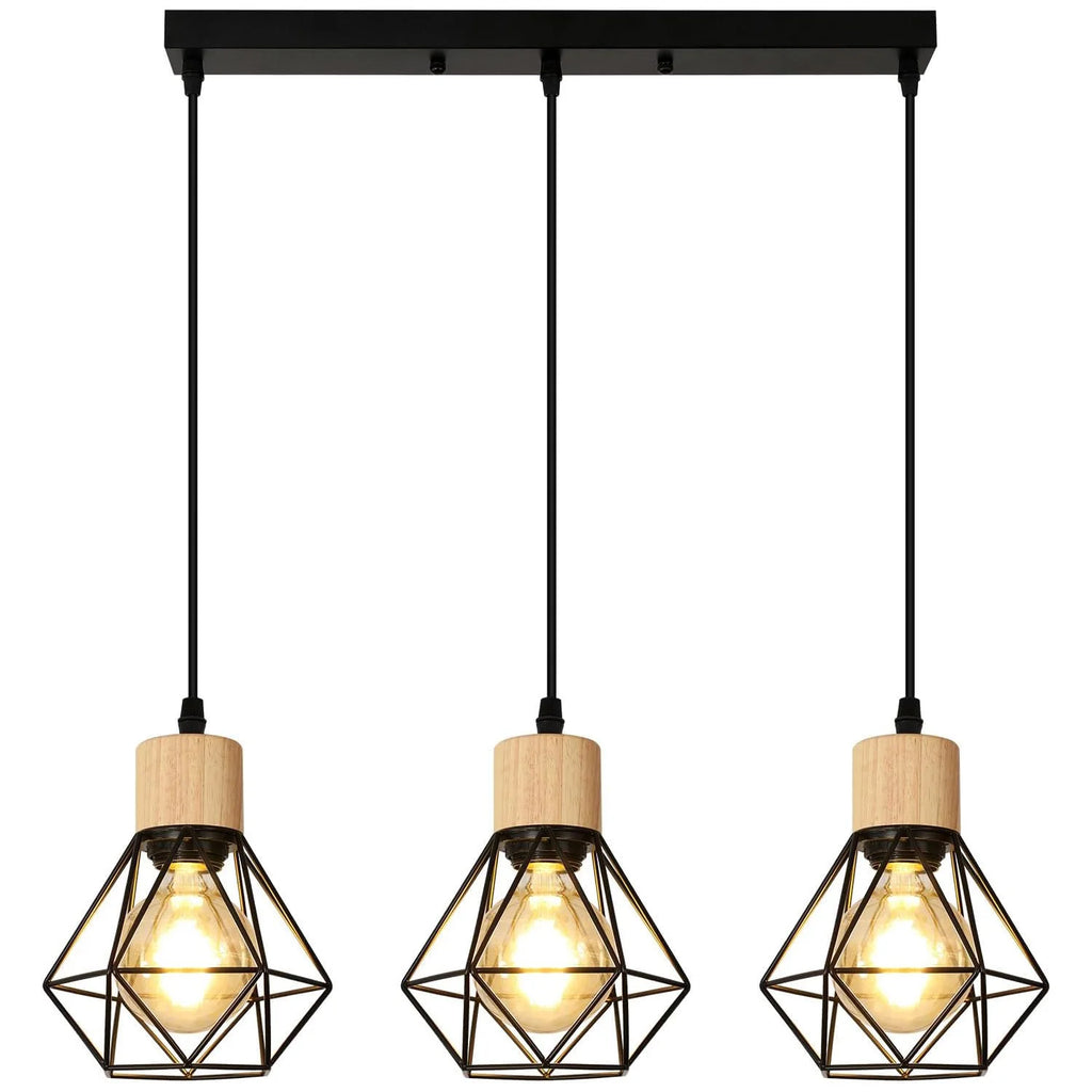 Plafonnier suspendu industriel vintage à 3 voies avec cage en fil métallique rectangulaire et câble suspendu pour couloir