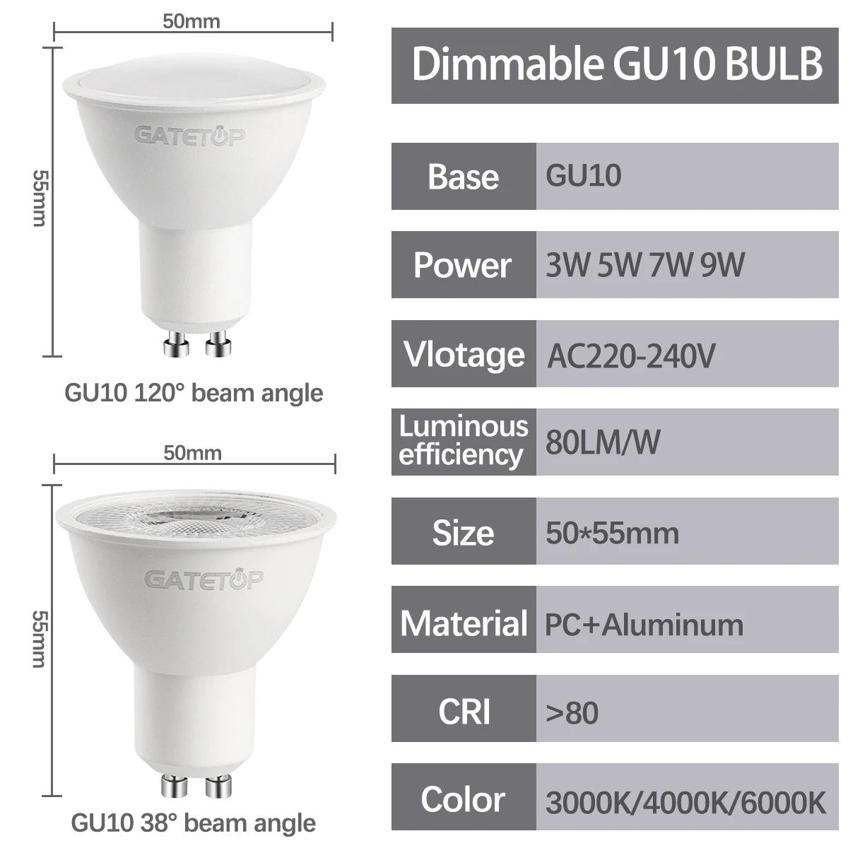 Découvrez ces ampoules LED GU10 dimmables, conçues pour offrir un éclairage puissant tout en réduisant votre consommation d’énergie.
Disponibles en 3W, 5W, 7W et 9W, elles peuvent facilement remplacer une ampoule halogène de 30W à 50W.