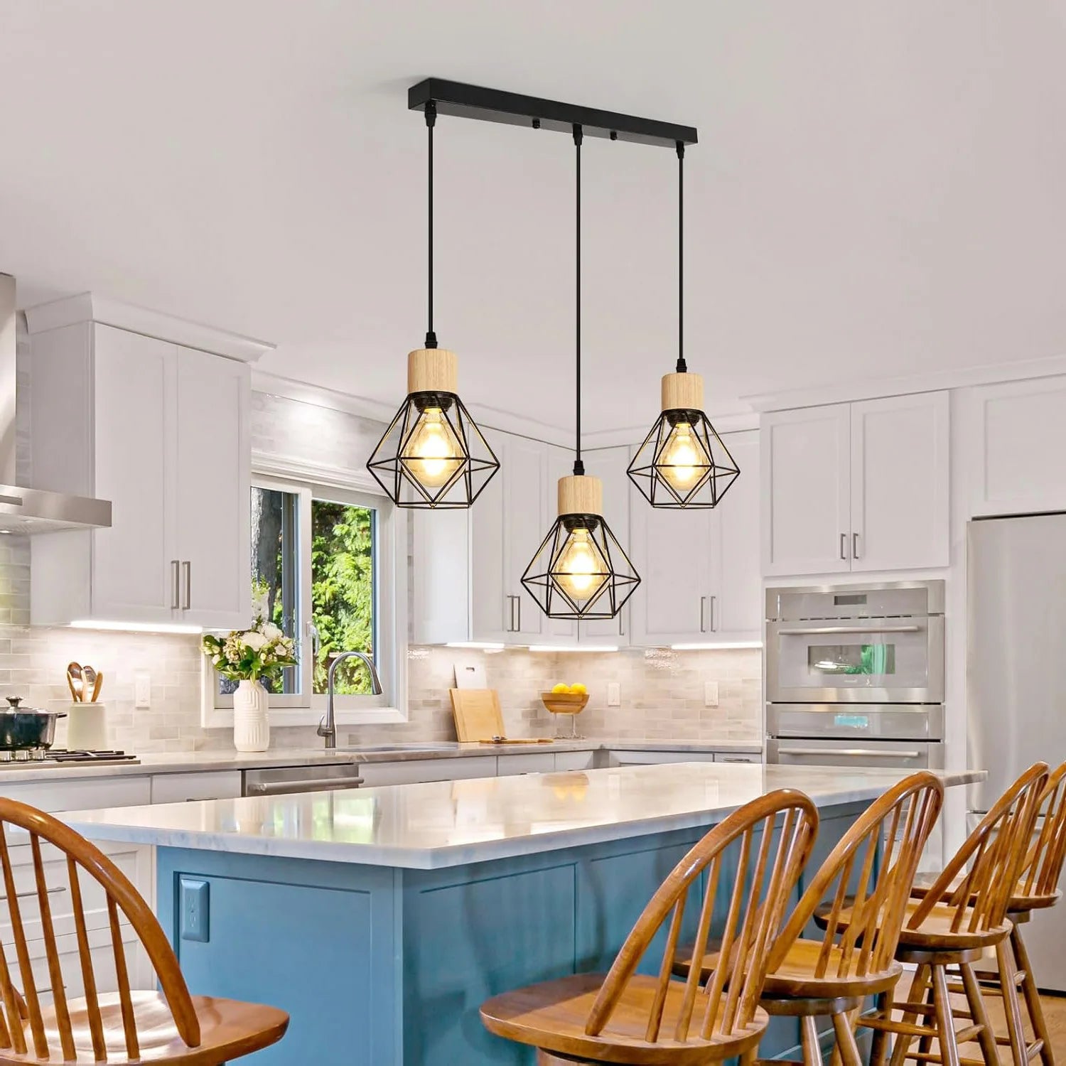 Plafonnier suspendu industriel vintage à 3 voies avec cage en fil métallique rectangulaire et câble suspendu pour couloir