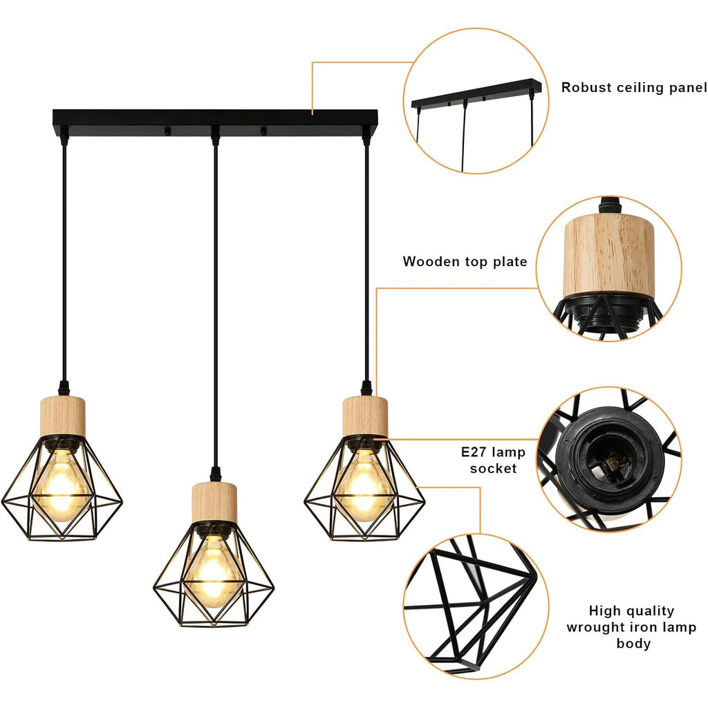 Plafonnier suspendu industriel vintage à 3 voies avec cage en fil métallique rectangulaire et câble suspendu pour couloir