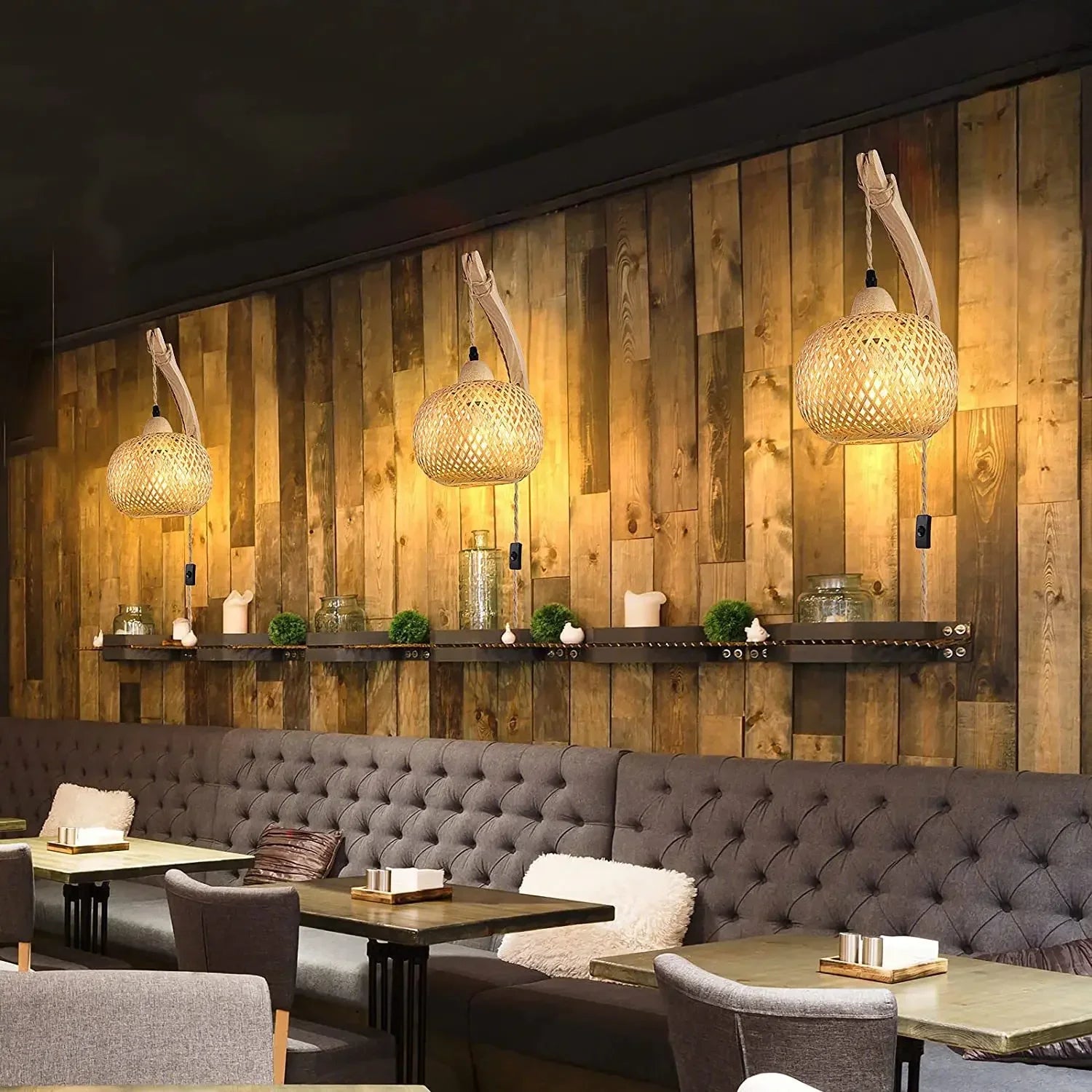 Lampe Murale Lanterne en Bambou Rotin Naturel Osier E27 Lustres Abat-jour en Bambou Tressé Main Décoration de Chambre Appliques Murales