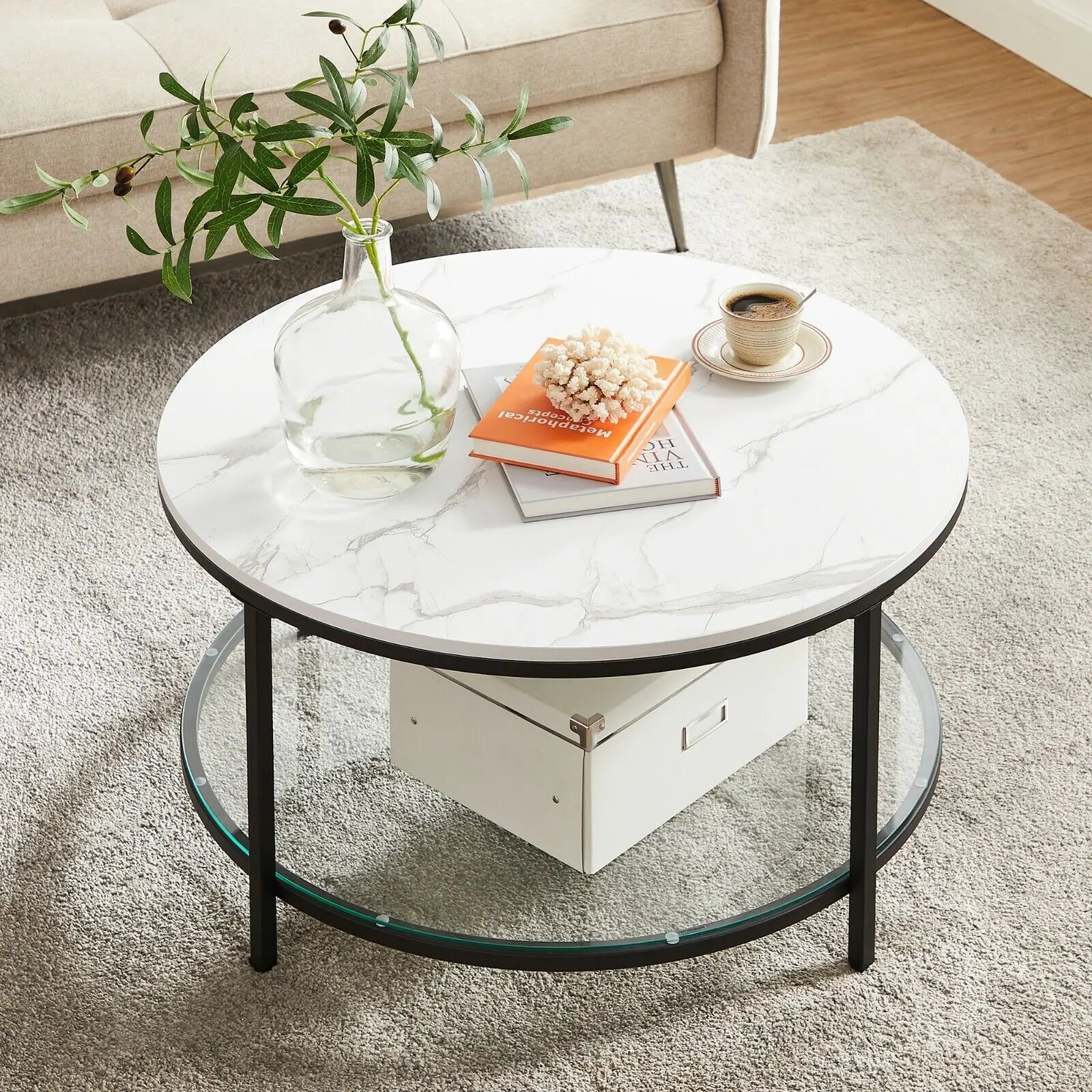 VASAGLE Coffee Table, Living Room Table, Sofa Cocktail Table Faux Marble Round, Tempered Glass Storage Shelf, Easy to Assemble