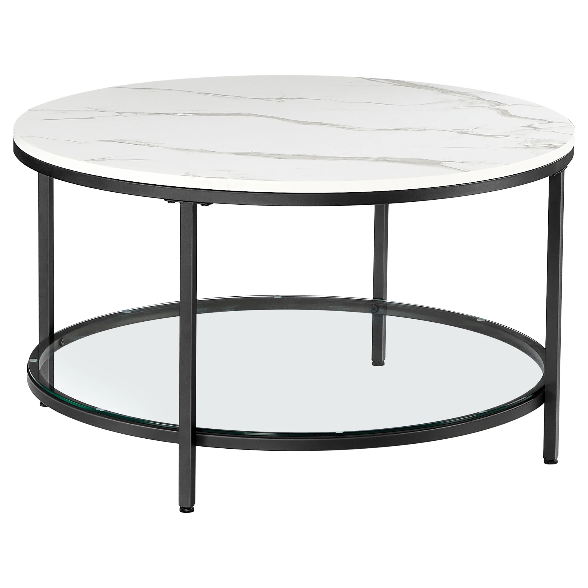 VASAGLE Coffee Table, Living Room Table, Sofa Cocktail Table Faux Marble Round, Tempered Glass Storage Shelf, Easy to Assemble