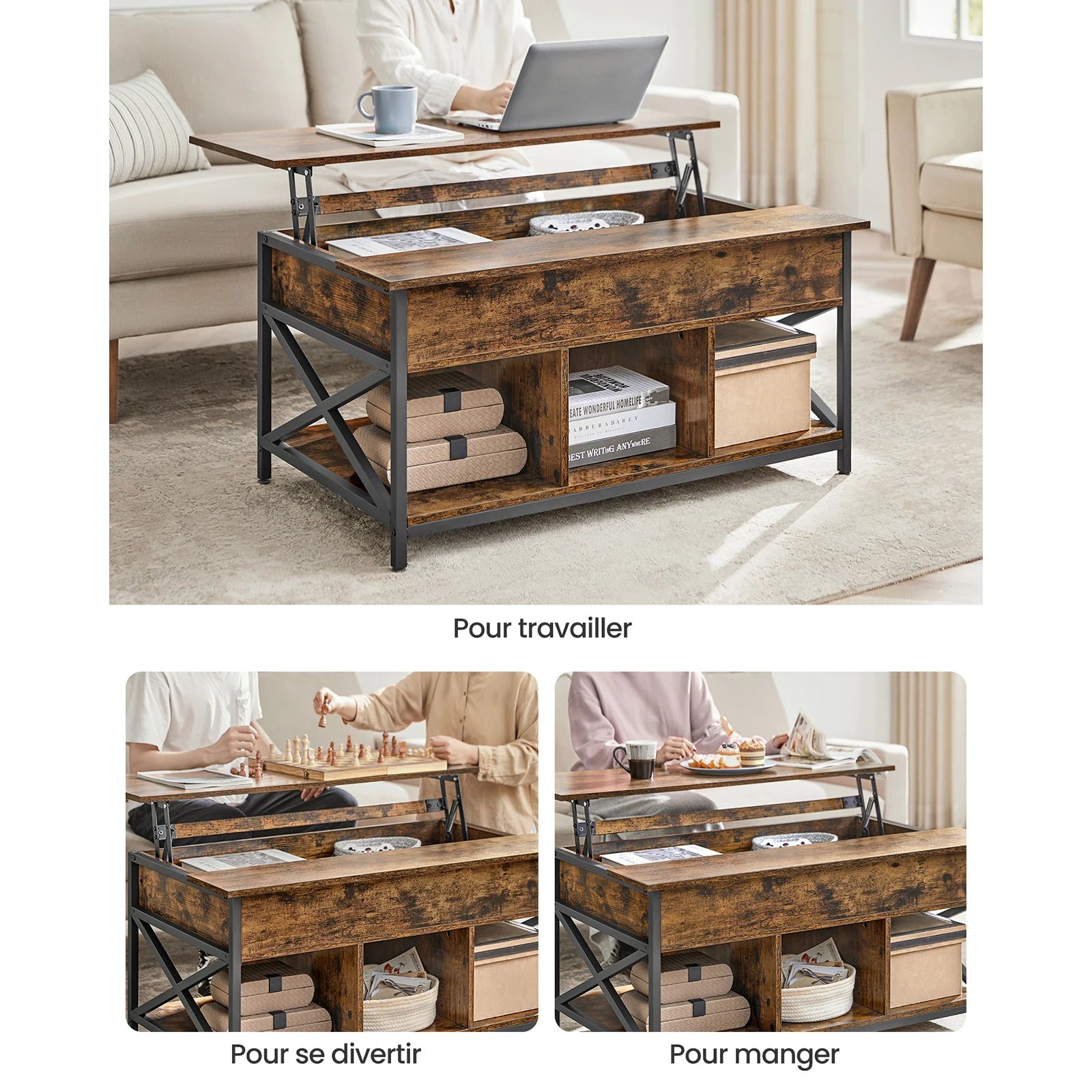 Ajoutez du style et de la fonctionnalité à votre salon avec cette table basse Vasagle, conçue avec un plateau relevable pratique et de multiples espaces de rangement.
Son design industriel et moderne s’intègre parfaitement dans n’importe quel intérieur.