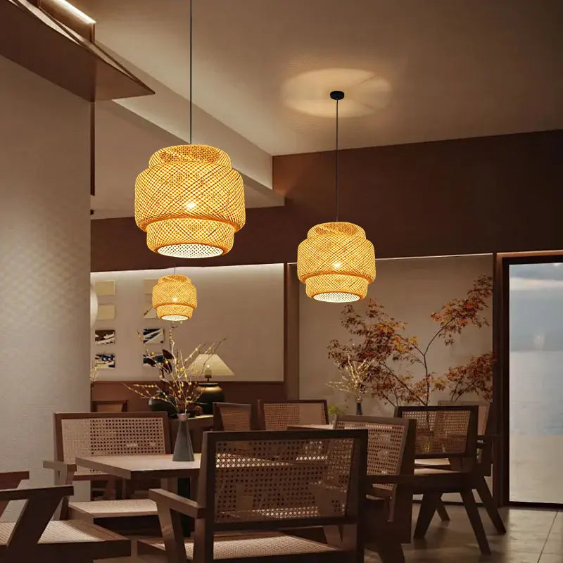Lampes Suspendues en Bambou d'Intérieur Douille E27 Lustre Suspendu Tissé à la Main pour Cuisine Salle à Manger Couloir