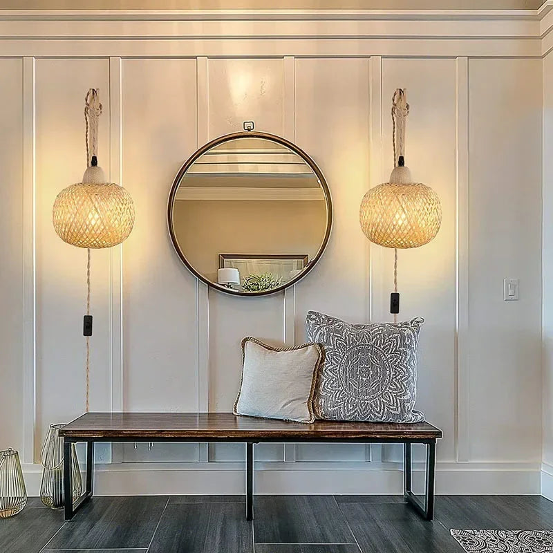 Lampe Murale Lanterne en Bambou Rotin Naturel Osier E27 Lustres Abat-jour en Bambou Tressé Main Décoration de Chambre Appliques Murales