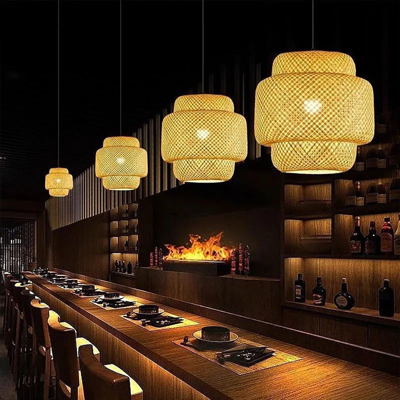 Lampes Suspendues en Bambou d'Intérieur Douille E27 Lustre Suspendu Tissé à la Main pour Cuisine Salle à Manger Couloir