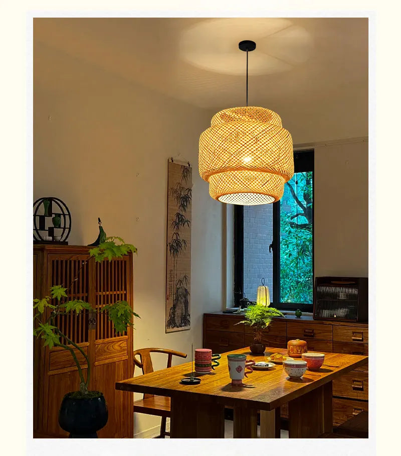 Lampes Suspendues en Bambou d'Intérieur Douille E27 Lustre Suspendu Tissé à la Main pour Cuisine Salle à Manger Couloir