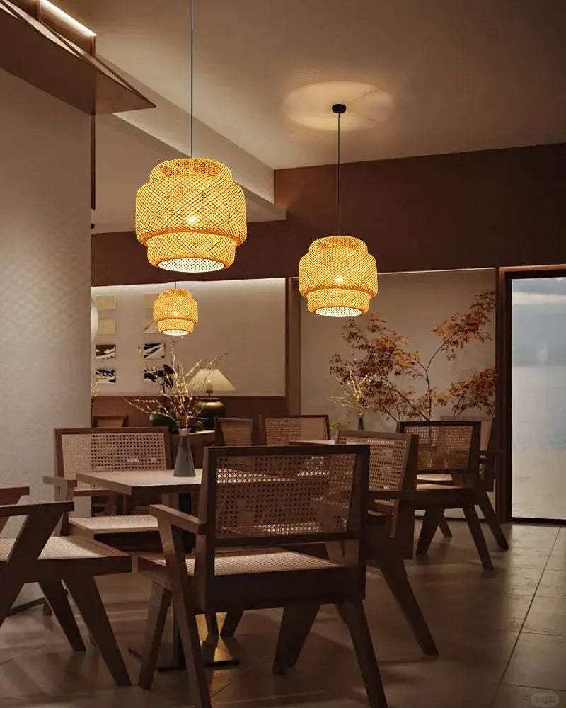 Lampes Suspendues en Bambou d'Intérieur Douille E27 Lustre Suspendu Tissé à la Main pour Cuisine Salle à Manger Couloir