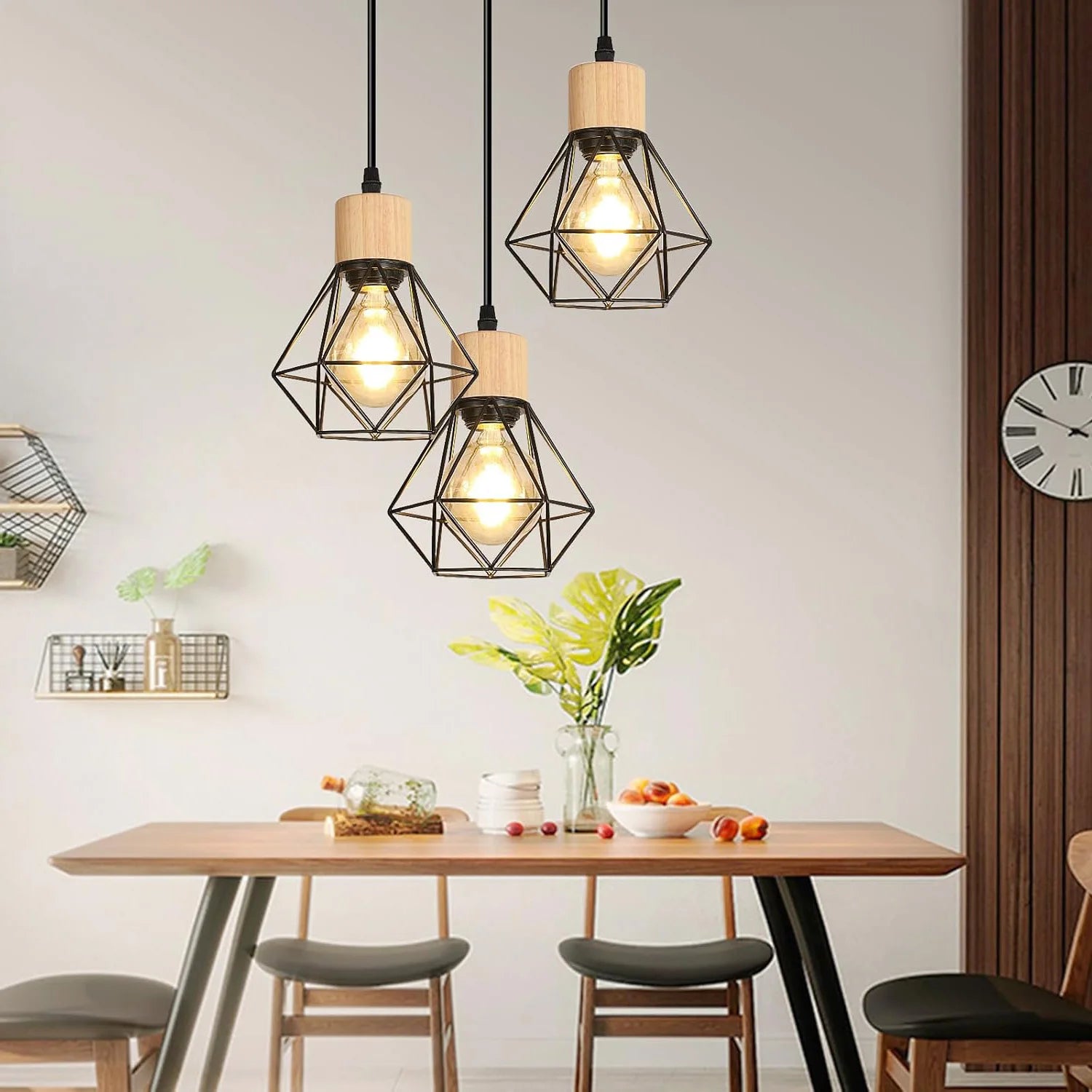 Plafonnier suspendu industriel vintage à 3 voies avec cage en fil métallique rectangulaire et câble suspendu pour couloir