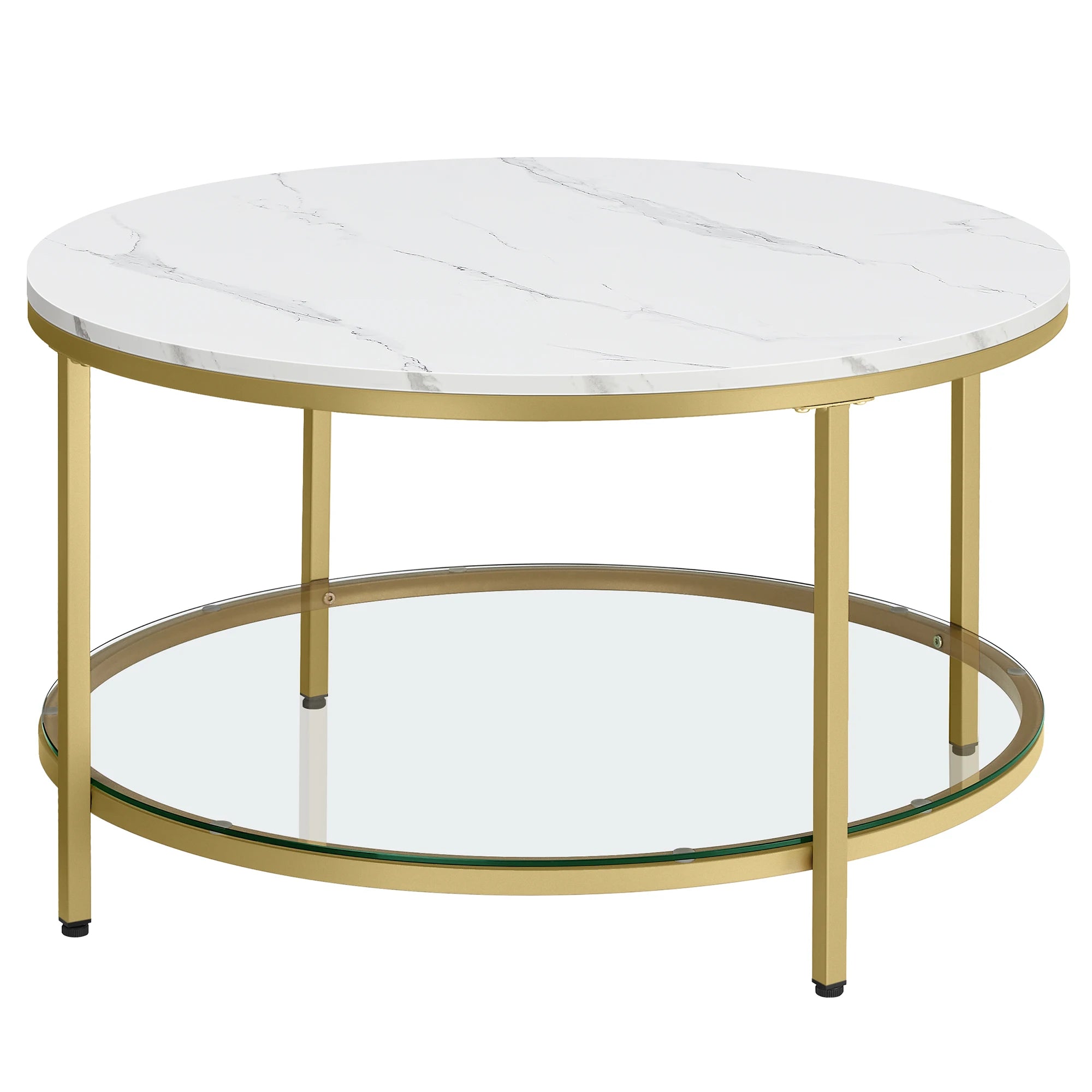 VASAGLE Coffee Table, Living Room Table, Sofa Cocktail Table Faux Marble Round, Tempered Glass Storage Shelf, Easy to Assemble