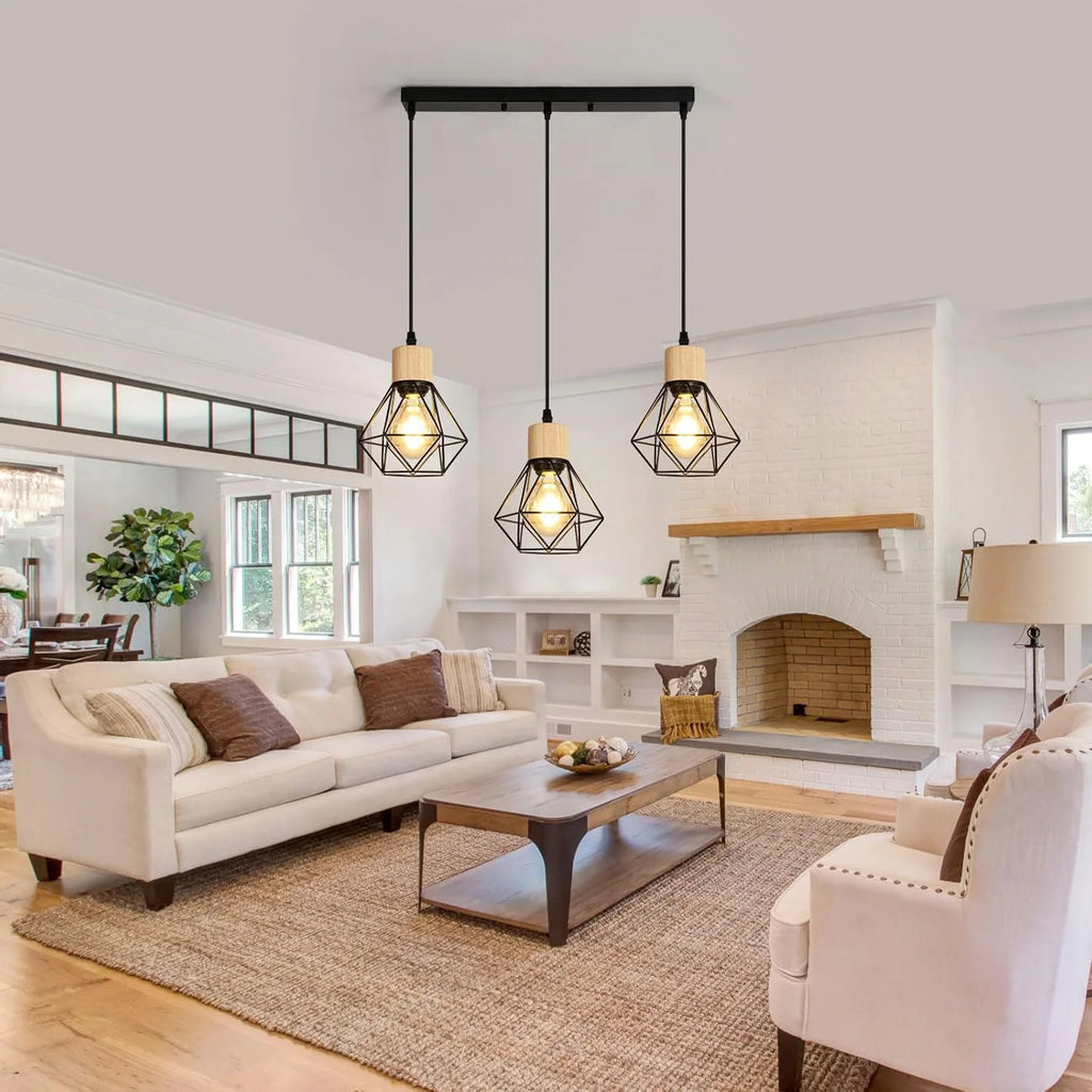 Plafonnier suspendu industriel vintage à 3 voies avec cage en fil métallique rectangulaire et câble suspendu pour couloir