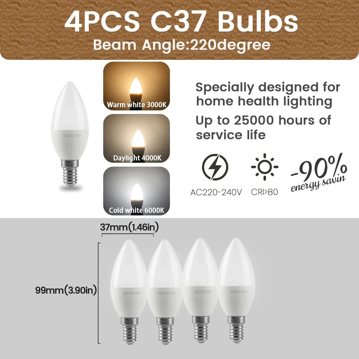 Optez pour un éclairage élégant avec nos ampoules LED E14 C37 en forme de bougie, disponibles en packs de 4, 6, 8, 10 ou 20 pièces.
Avec une puissance de 3W, 5W ou 6W, elles sont parfaites pour créer une ambiance chaleureuse dans votre maison.