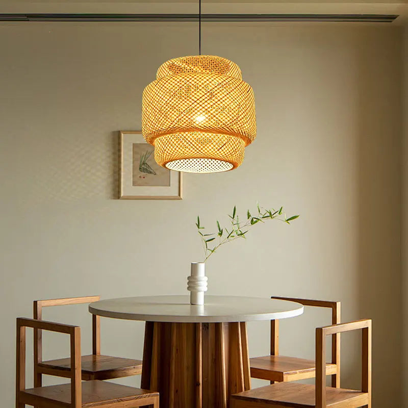 Lampes Suspendues en Bambou d'Intérieur Douille E27 Lustre Suspendu Tissé à la Main pour Cuisine Salle à Manger Couloir
