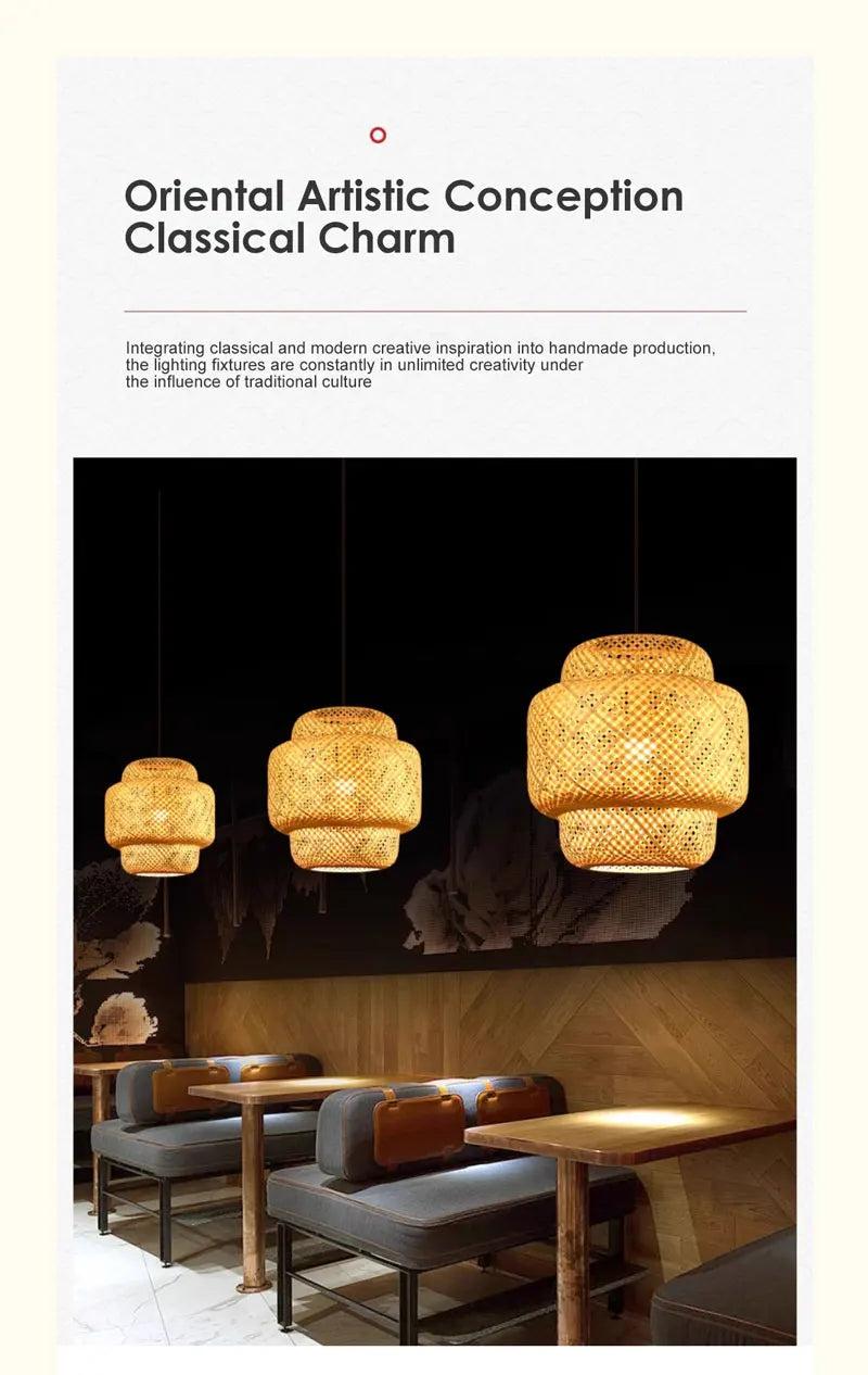 Lampes Suspendues en Bambou d'Intérieur Douille E27 Lustre Suspendu Tissé à la Main pour Cuisine Salle à Manger Couloir