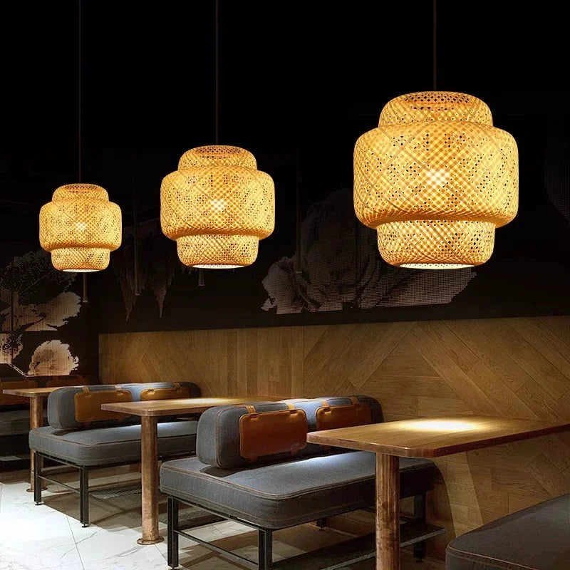 Lampes Suspendues en Bambou d'Intérieur Douille E27 Lustre Suspendu Tissé à la Main pour Cuisine Salle à Manger Couloir