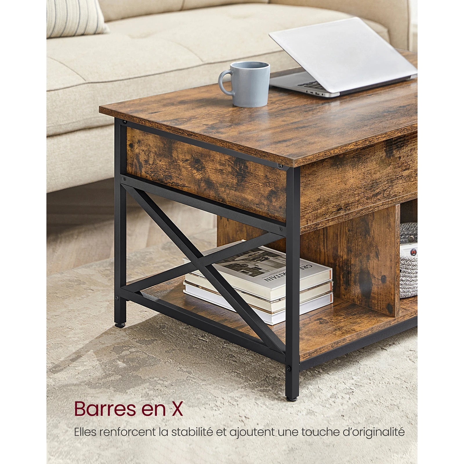 Ajoutez du style et de la fonctionnalité à votre salon avec cette table basse Vasagle, conçue avec un plateau relevable pratique et de multiples espaces de rangement.
Son design industriel et moderne s’intègre parfaitement dans n’importe quel intérieur.