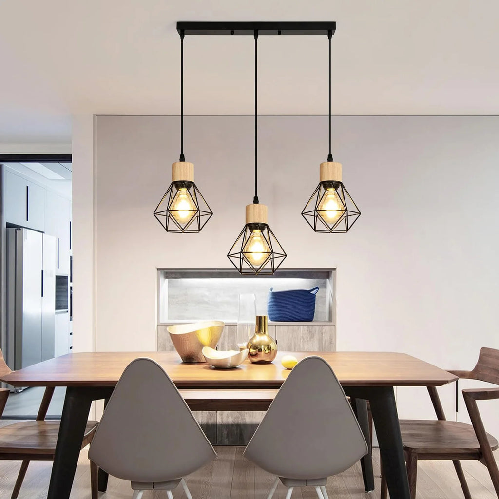 Plafonnier suspendu industriel vintage à 3 voies avec cage en fil métallique rectangulaire et câble suspendu pour couloir