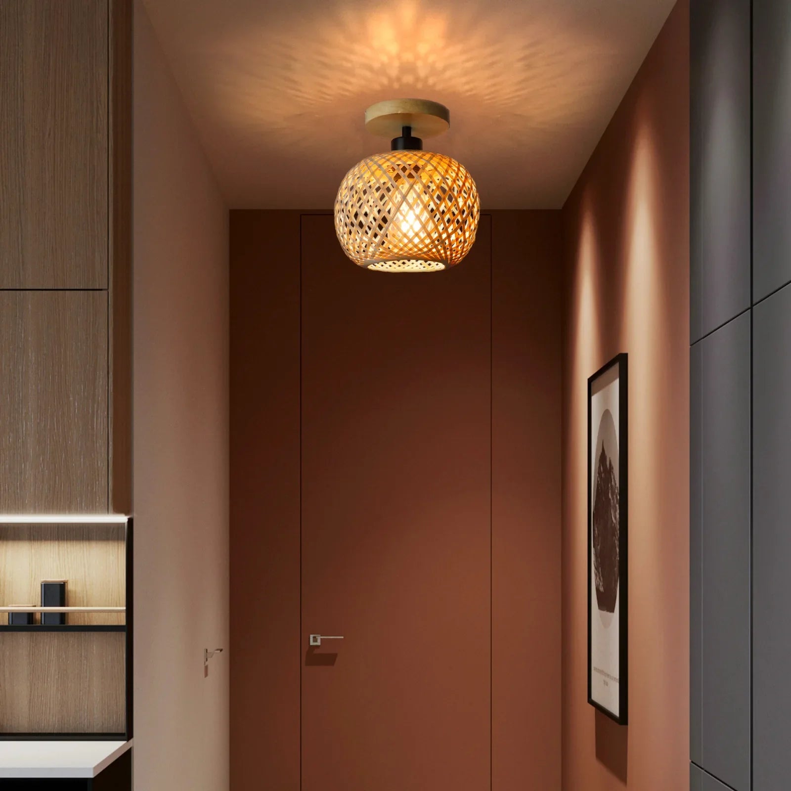 Lampe de Plafond Rétro LED en Bambou Tressé Couloir Allée Salon Plafonnier E27 Lampes Tressées Luminaires Décoratifs