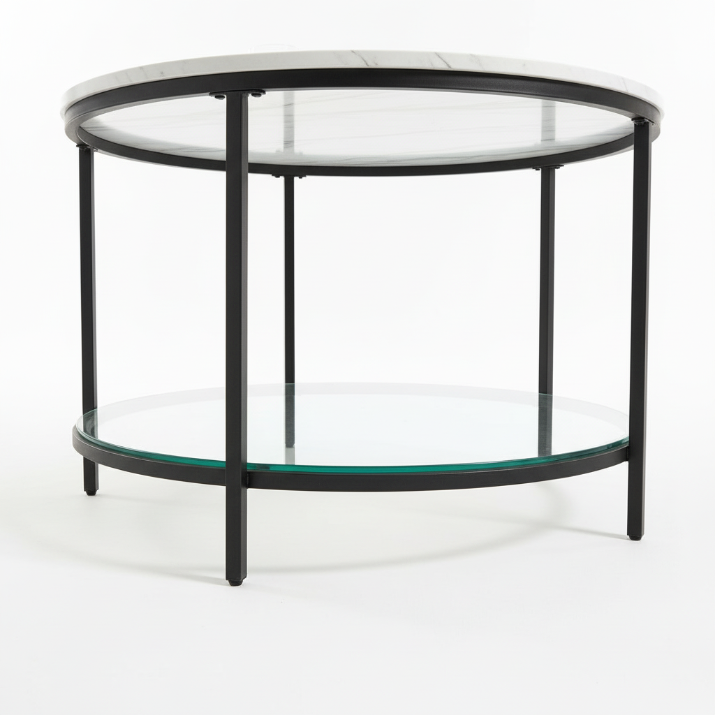 VASAGLE Coffee Table, Living Room Table, Sofa Cocktail Table Faux Marble Round, Tempered Glass Storage Shelf, Easy to Assemble
